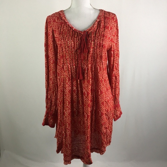 Free People Dresses & Skirts - Free People Tunic Dress Long Sleeve Red Raw Edges